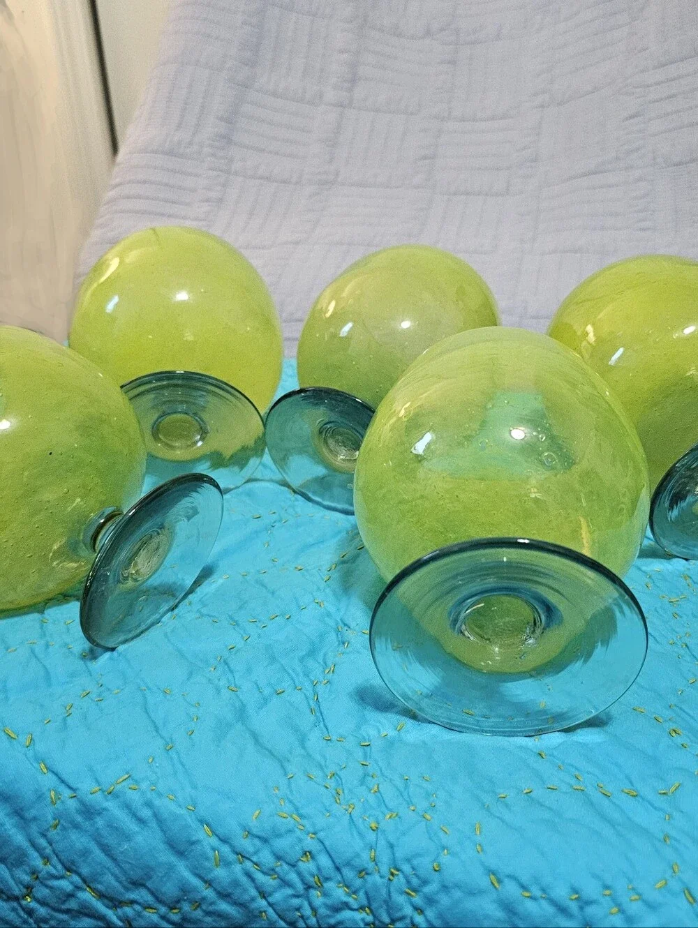Crate & Barrel Handblown Glass Goblets, Lime Green, Quality Made Five(5) Glasses